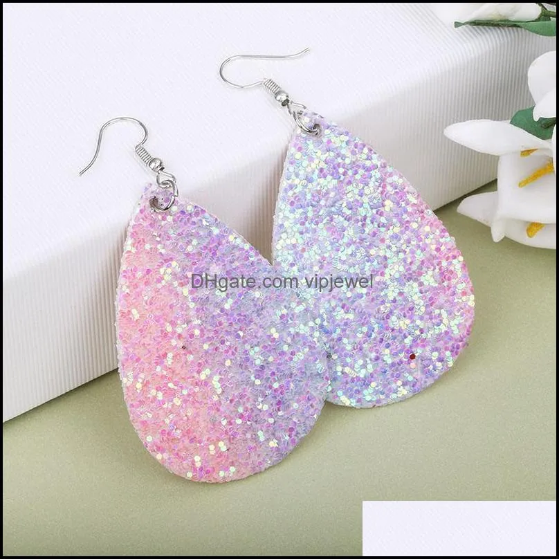 2021 e arrival pu leather waterdrop glitter dangle earring for women 16 colors teardrop silver plating hook statement earrings