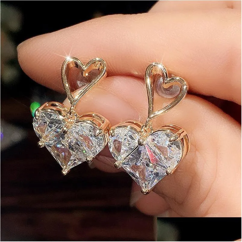 fashion jewelry copper hollow out heart zircon dangle earrings sweet peach hearts stud earrings