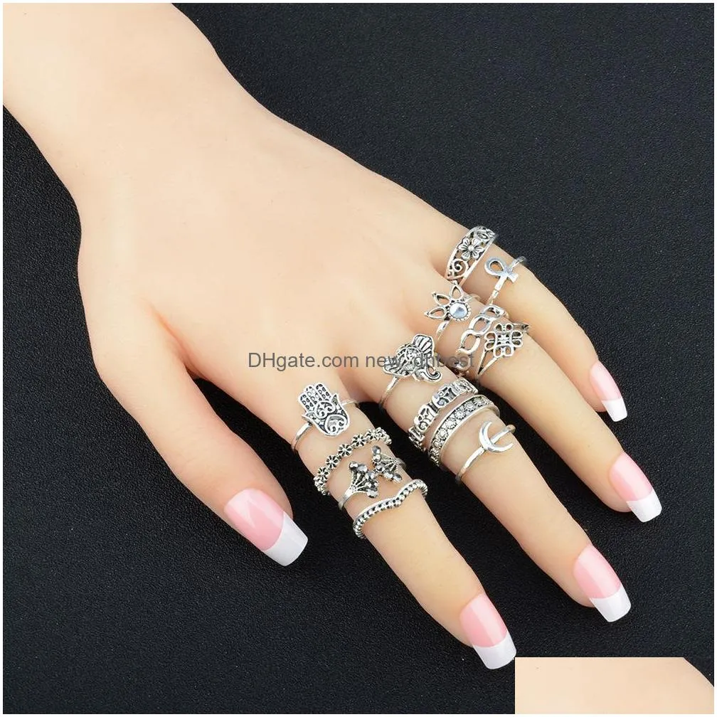 fashion jewelry ancient silver gold knuckle ring set flower elephant crescent stacking rings midi rings set 13pcs/set