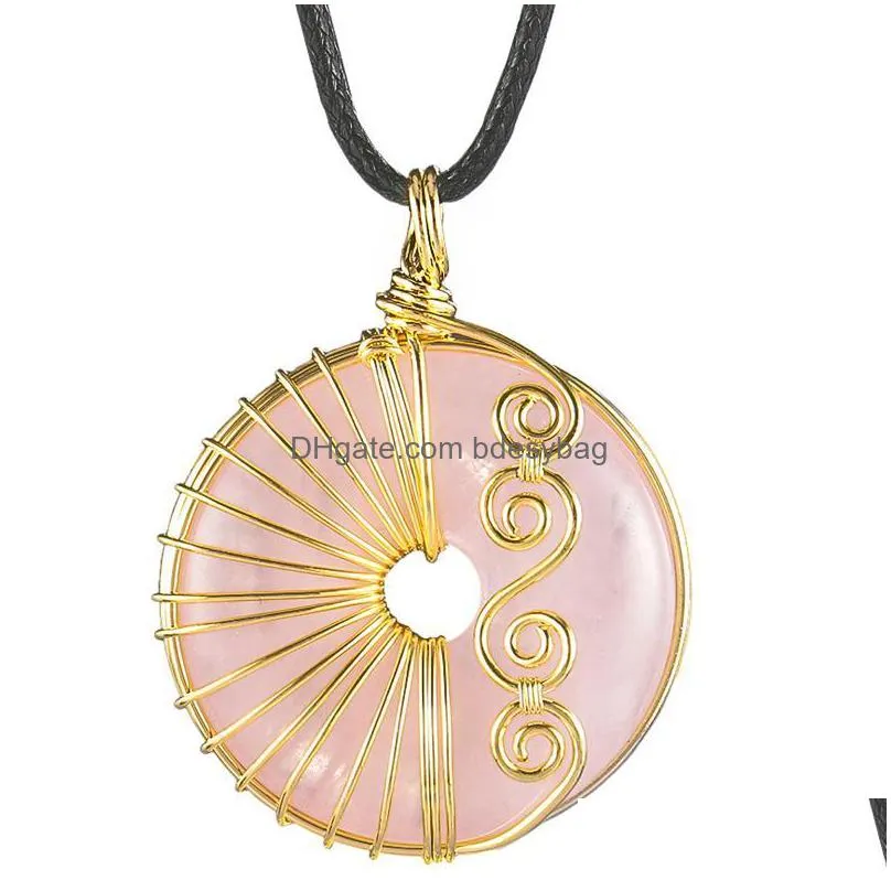 pendant necklaces lucky coin wire wrapped crystal stone necklace for women men healing donut amulet jewelry unisexpendant