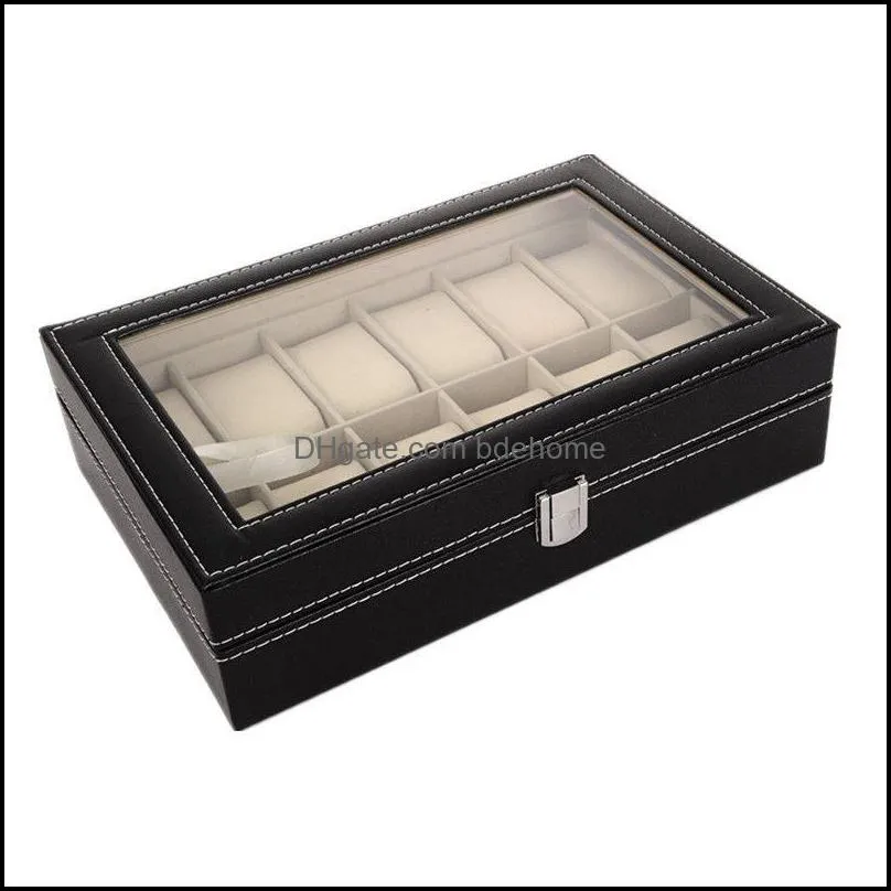 12 slots wrist watch boxes holder storage case organizer black pu leather watch display cases 300x200x80mm