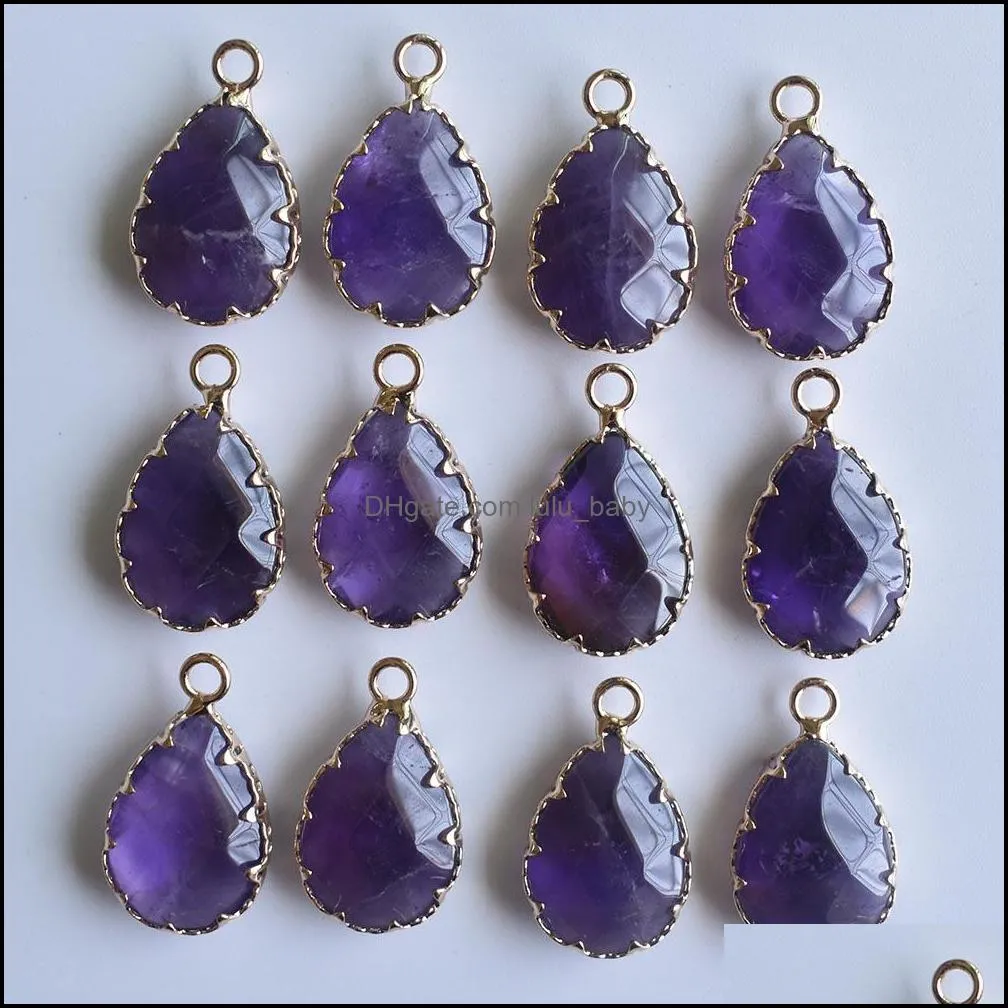 natural stone charms shimmer amethysts section water drop shape gold color connector pendants for necklace jewelry making