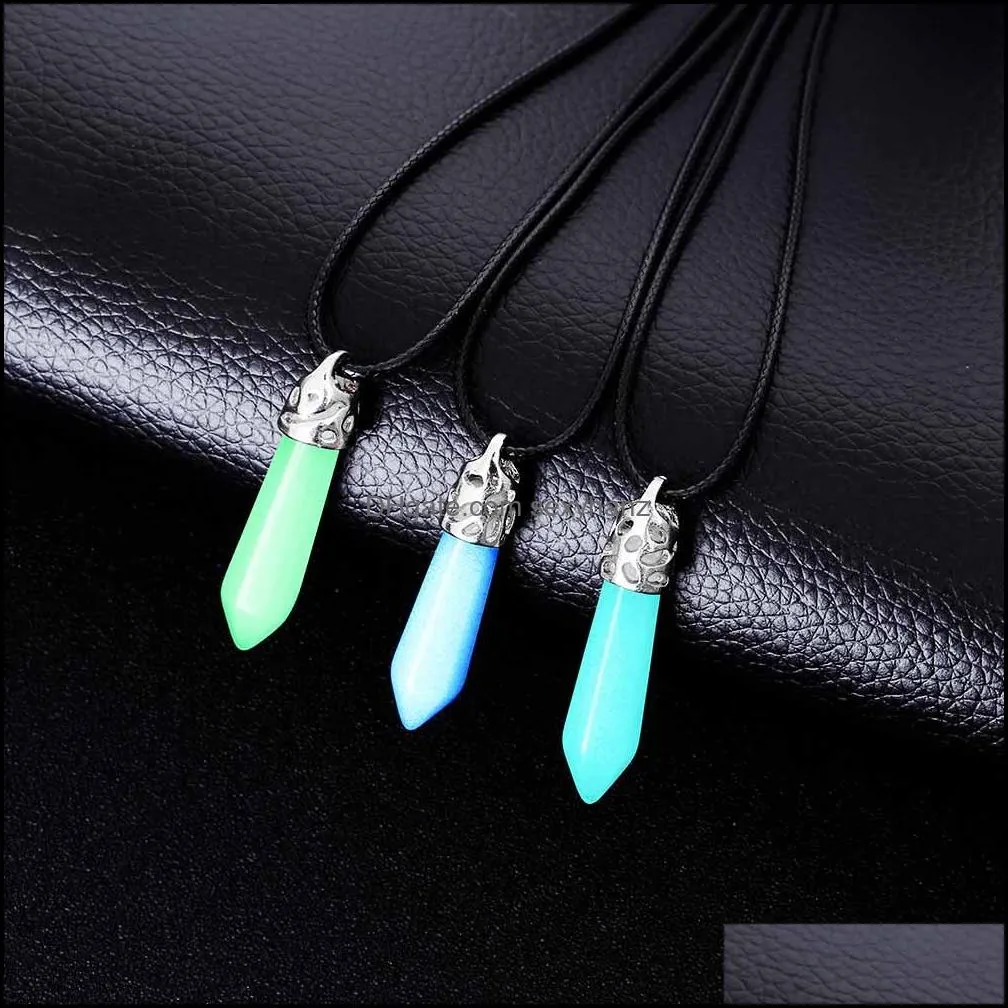 fashion luminous stone fluorescent hexagonal column druzy necklace natural crystal gem stone pendant leather chains necklace