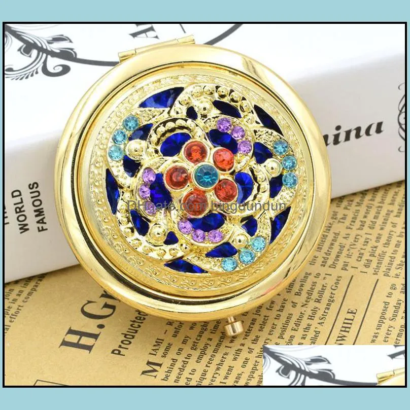 chic retro vintage gold metal pocket mirror compact cosmetic retro mirrors crystal studded portable gifts sn2504