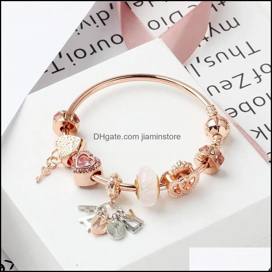 original pandoras fashion s925 silver rose gold charm beads heart lock bangles women chain letter bracelets jewelry holiday gift b348t