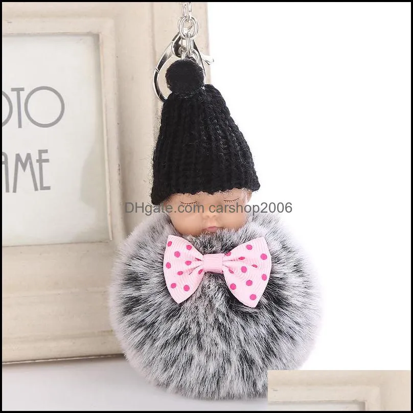 sleeping doll with bow keychains pompom keyrings plush key holder for women bag car pendant accessories keyfob dhs