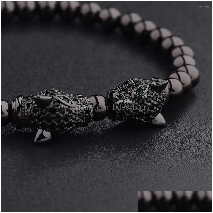 strand mens inlaid zircon double leopard charms bracelets handmade fashion jewelry 6mm gold silver color beads bracelet for women