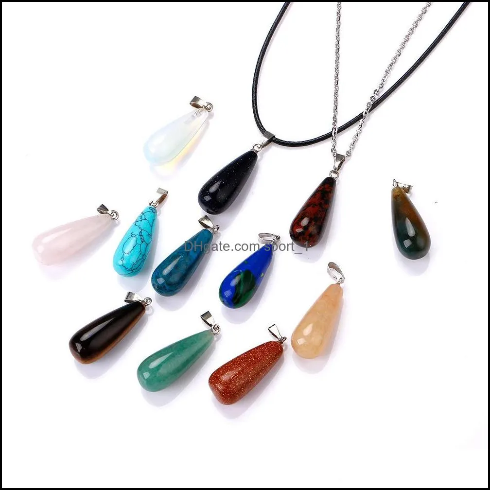 natural stone long drop pendant necklace opal tigers eye pink quartz crystal chakra reiki healing pendulum necklaces for women