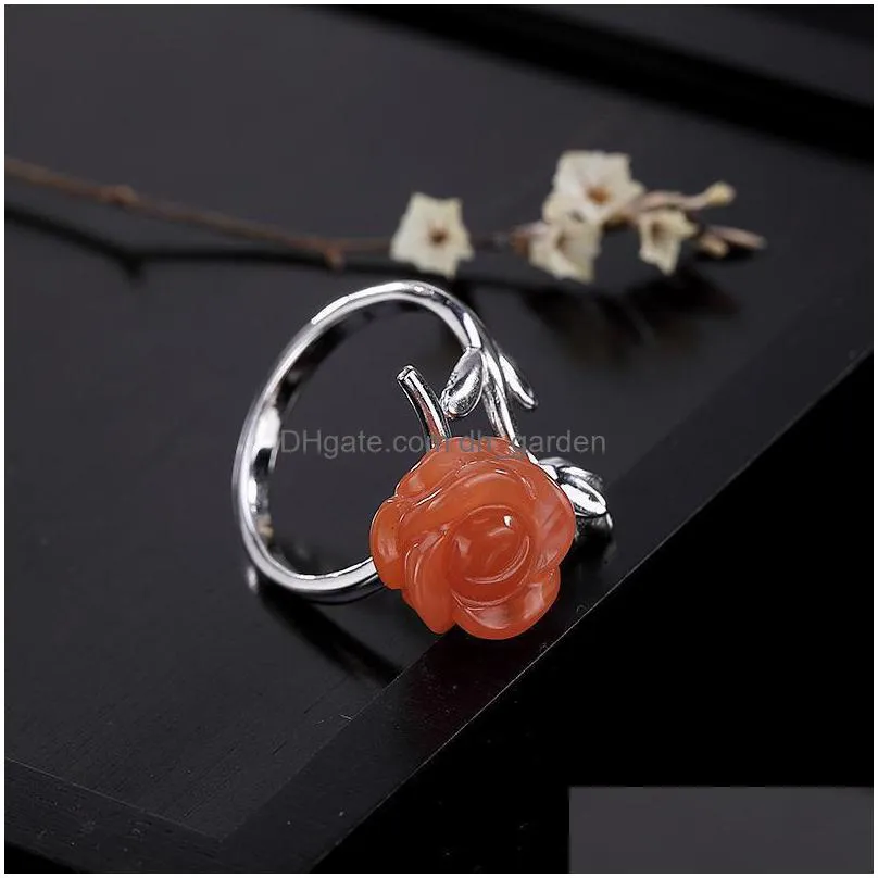 cluster rings southern red agate rose flower ring womens open s925 sterling silver fashion graceful personality to give mom gift