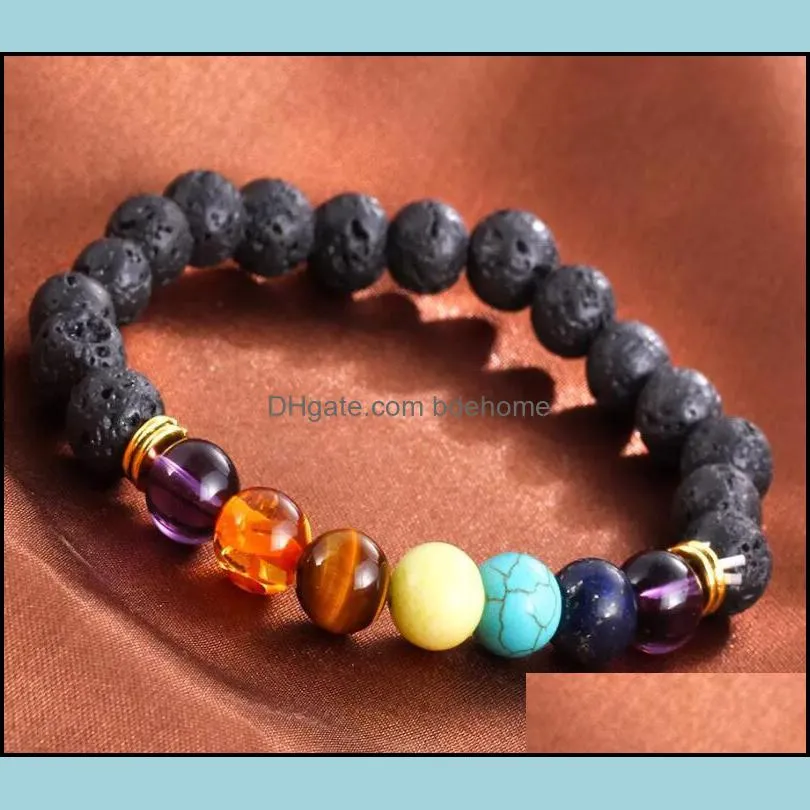 natural lava stone elastic bracelet for women men 7 chakra jewelry yoga energy aromatherapy bracelets bangle dhs b124s f