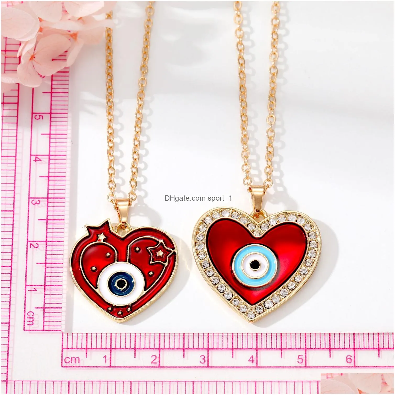red peach heart enamel evil eye necklace for women rhinestone blue eyes love pendant necklaces