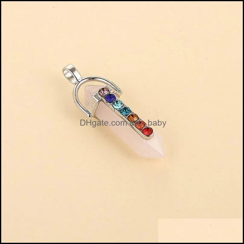 natural stone 32x8mm hexagon prism rose quartz amethyst opal chakra pendulum pendant charms for diy chakra necklace earrings