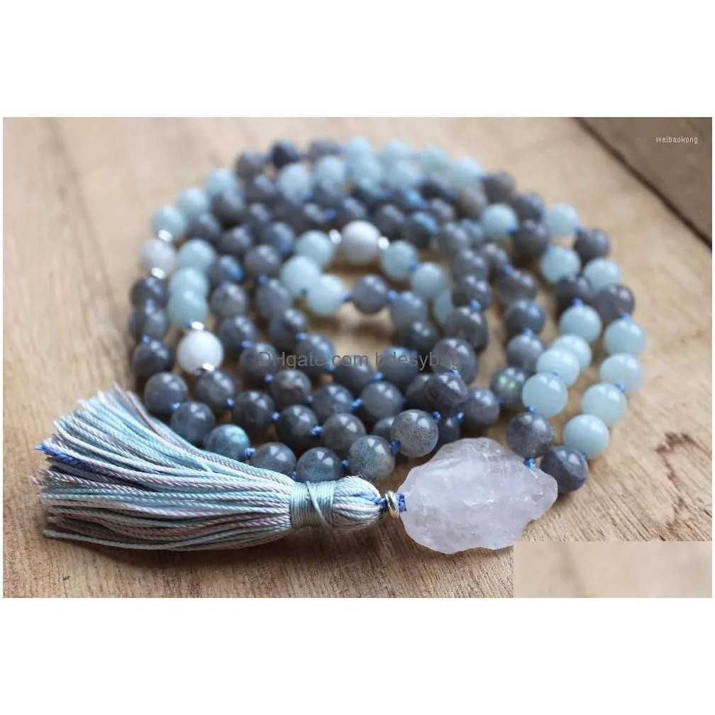 pendant necklaces natural labradorite 108 mala bead meditation necklace yoga jewelry tassel hand knotted prayer