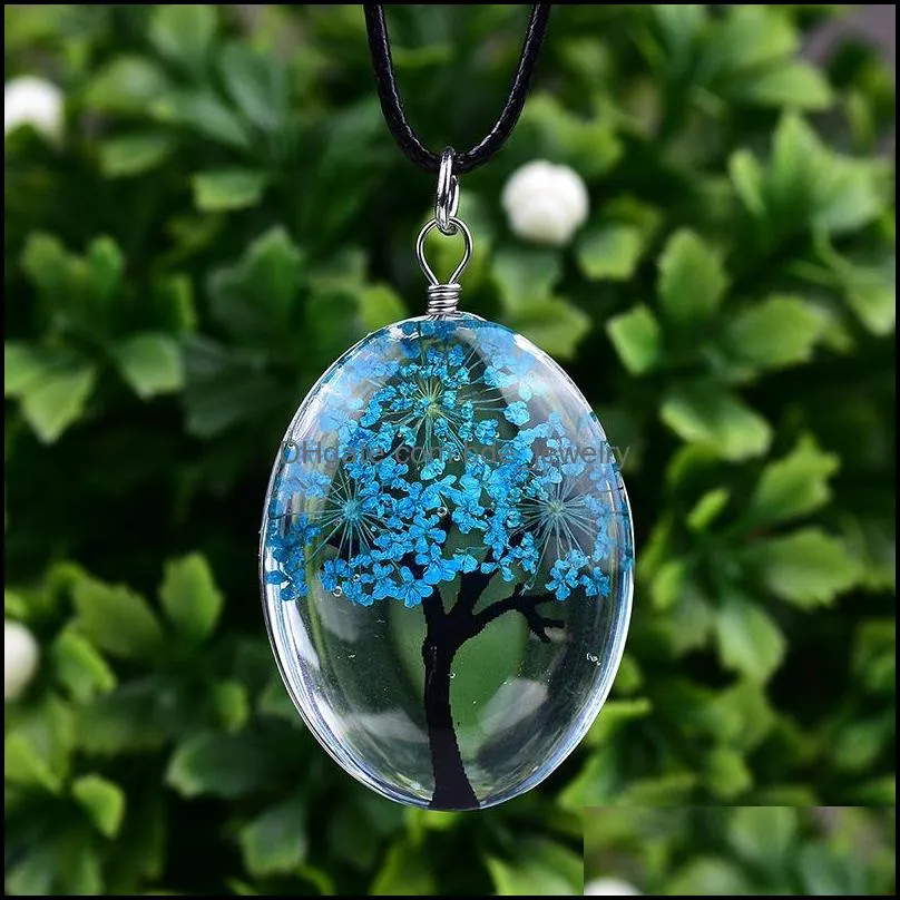  oval tree of life glass necklaces for women dried flowers specimen pendant leather chain fashion jewelry gift