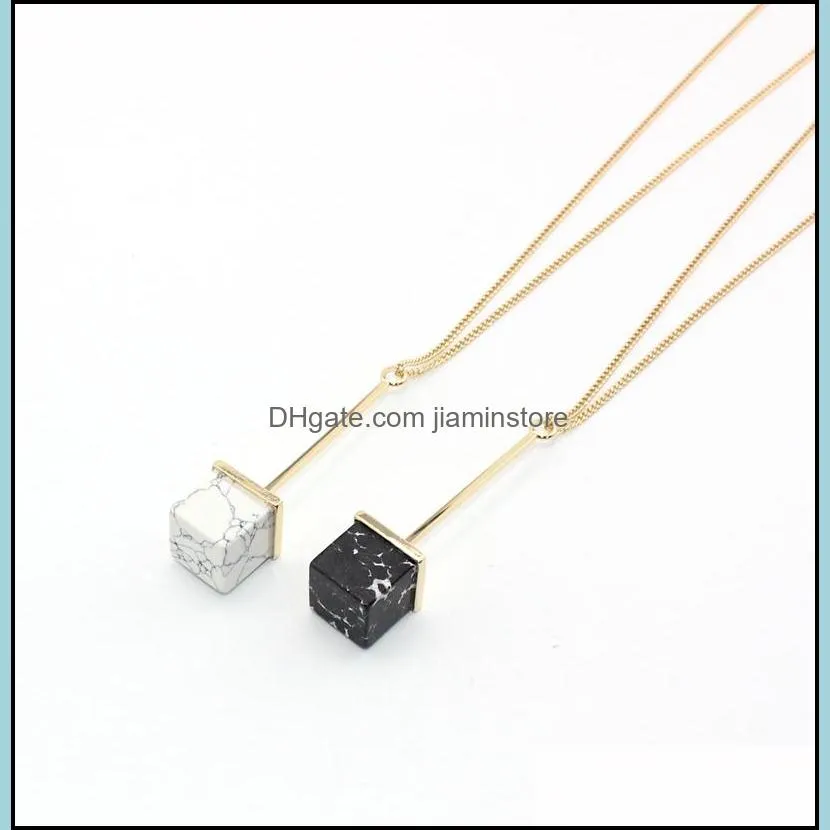 fashion natural stone square black white turquoise necklace gold metal long chain sweater statement necklace