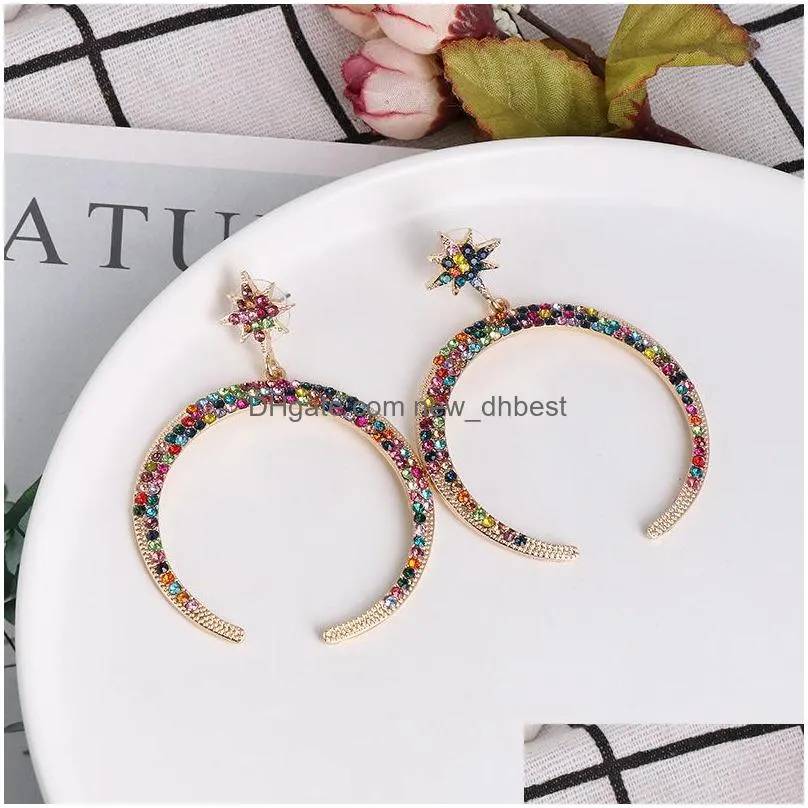 fashion jewelry crescent earrings colorful rhinstone exaggeration vintage earrings