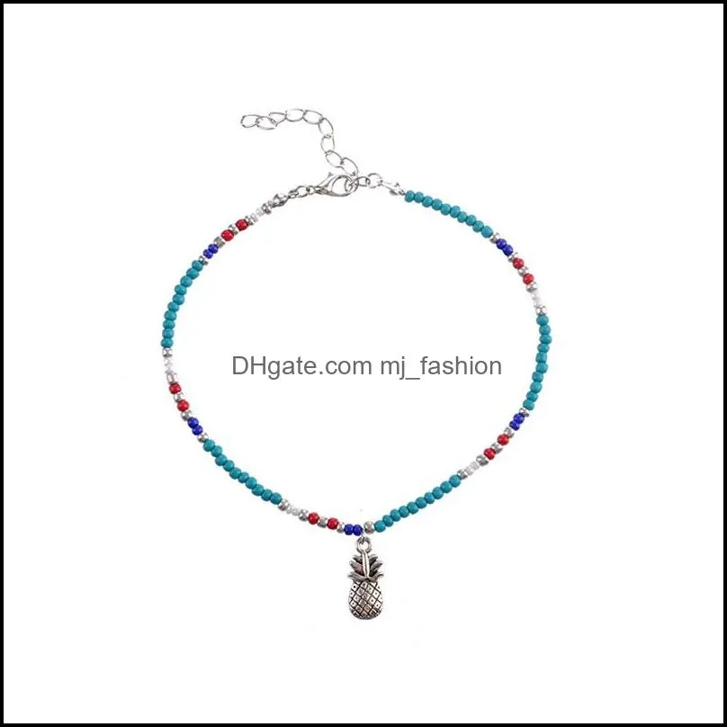 bohemian vintage ethnic blue beaded pineapple charm double chain anklet for woman man beach vacation anklet bracelet on the leg foot