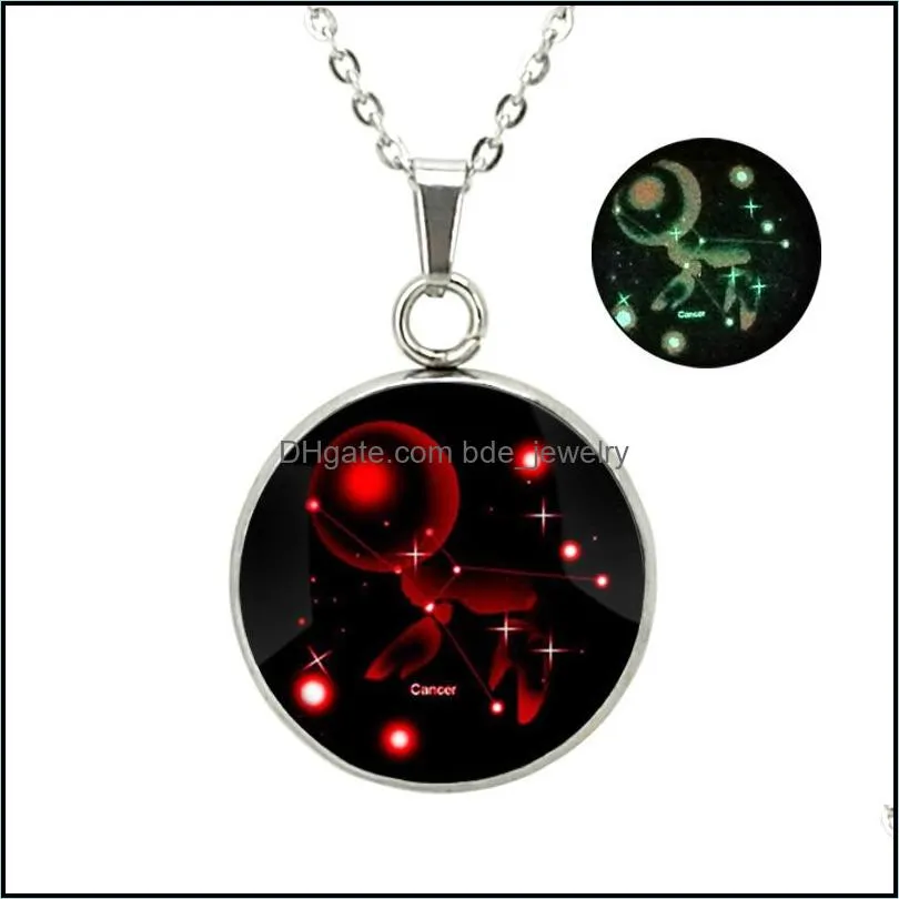 glow in the dark 12 zodiac sign necklaces for women men stainless steel horoscope glass cabochons pendant chains fashion luminous