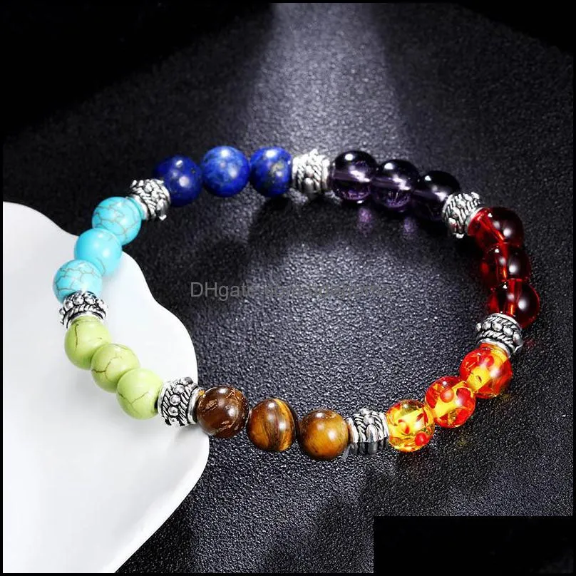 natural stone tiger eye 7 chakra bracelets bangles yoga balance beads elastic bangle men hand strings bracelet q80fz