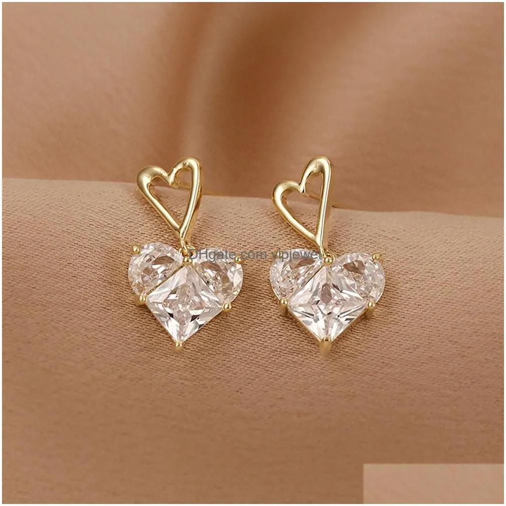 fashion jewelry copper hollow out heart zircon dangle earrings sweet peach hearts stud earrings