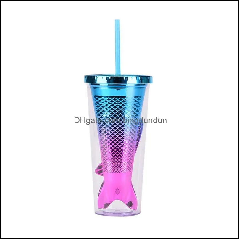 new350ml as doublelayer plastic tumbler gradient color mermaid tail electroplated sequined water cups with straws sea way rrd12515