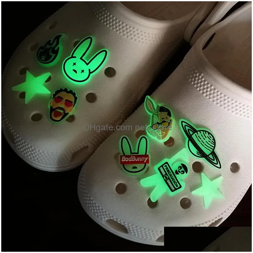 20pcs bad bunny pattern glow in the dark croc jibz charms luminous 2d pvc shoe accessories decorations fluorescent clog pins shoes buckles charms fit kids