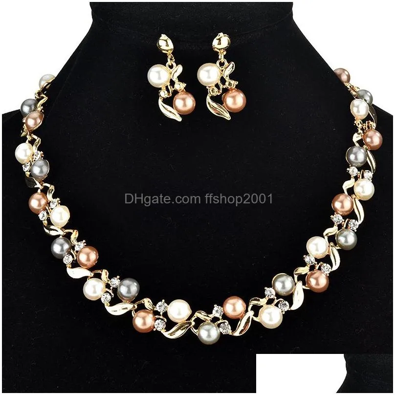 europe fashion party casual jewelry set womens faux pearl rhinestone leaves necklaces with earrings
