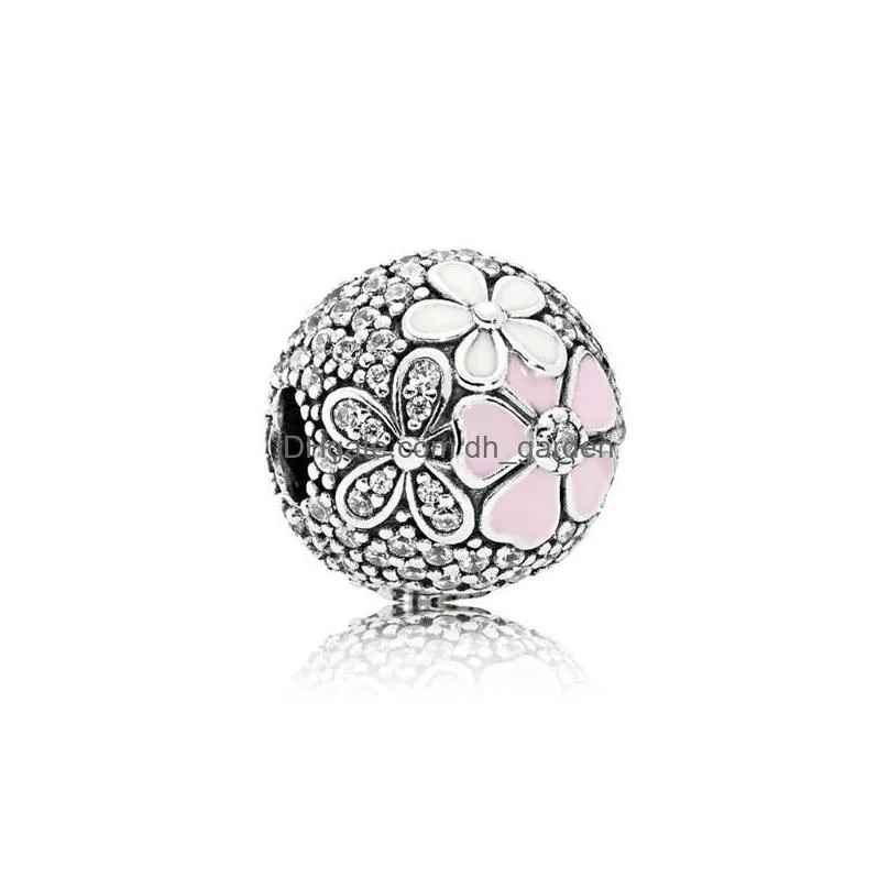 aouveza style pink flower beaded charm fit original pandora charms silver 925 bracelet diy women jewelry
