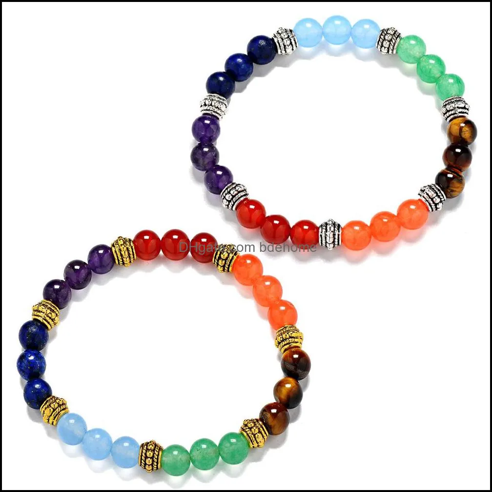 7 chakra stretch bracelet natural amethyst agate tiger stones bangle healing reiki prayer balance beads bracelets for men women jewelry