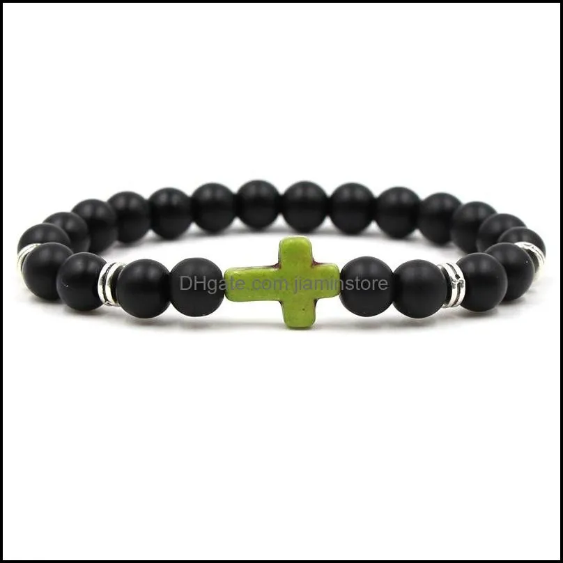 unisex natural stone 7 colors cross charm bracelet hand work black onyx volcano matte beaded bracelets for women men