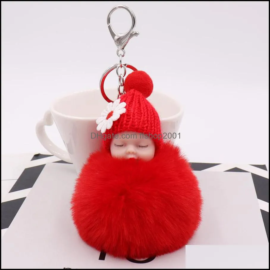 20 styles cute sleeping baby doll key rings fashion fuzzball pompom keychains for women fluffy car pendant keyring jewelry