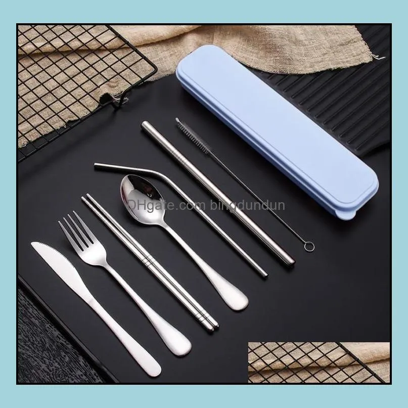 stainless steel flatware set portable cutlery set for outdoor travel picnic dinnerware metal straw with box and bag kitchen utensil