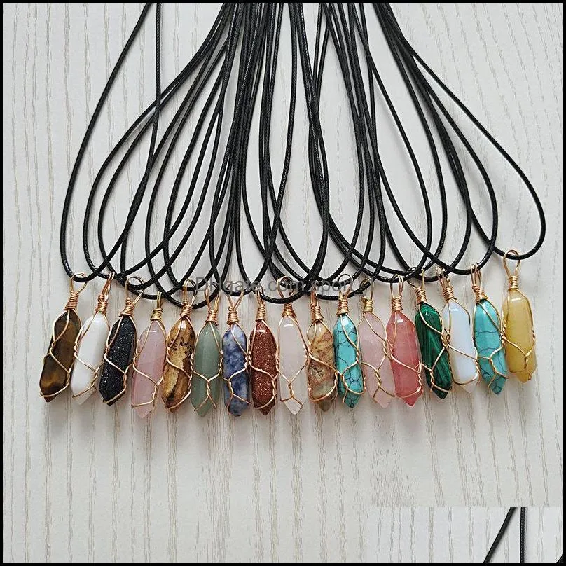 reiki healing jewelry natural stone pendant wire wrap hexagonal bullet opal amethysts quartz crystal pendulum chakra necklace