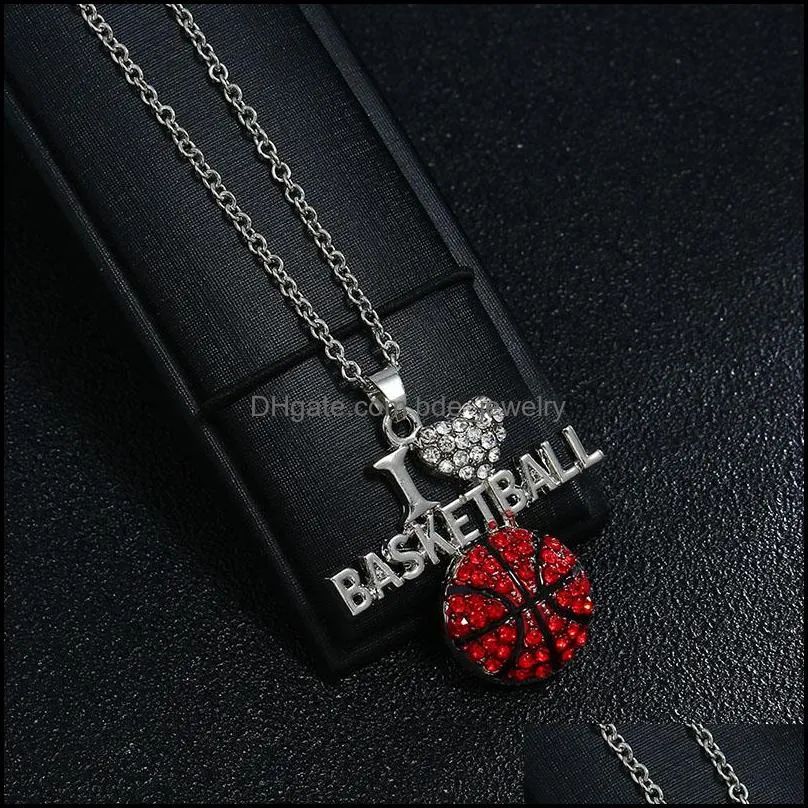 i love basketball sports necklaces for women crystal letter heart volleyball football pendant silver chains fashion jewelry gift