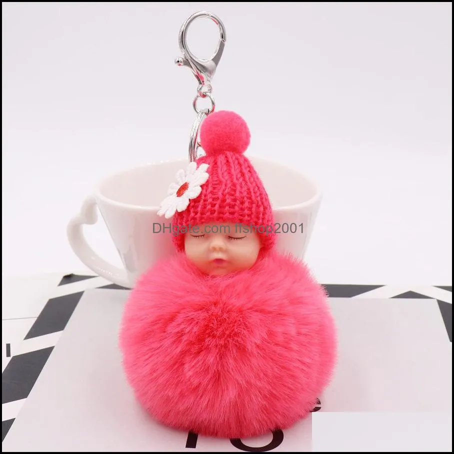 20 styles cute sleeping baby doll key rings fashion fuzzball pompom keychains for women fluffy car pendant keyring jewelry