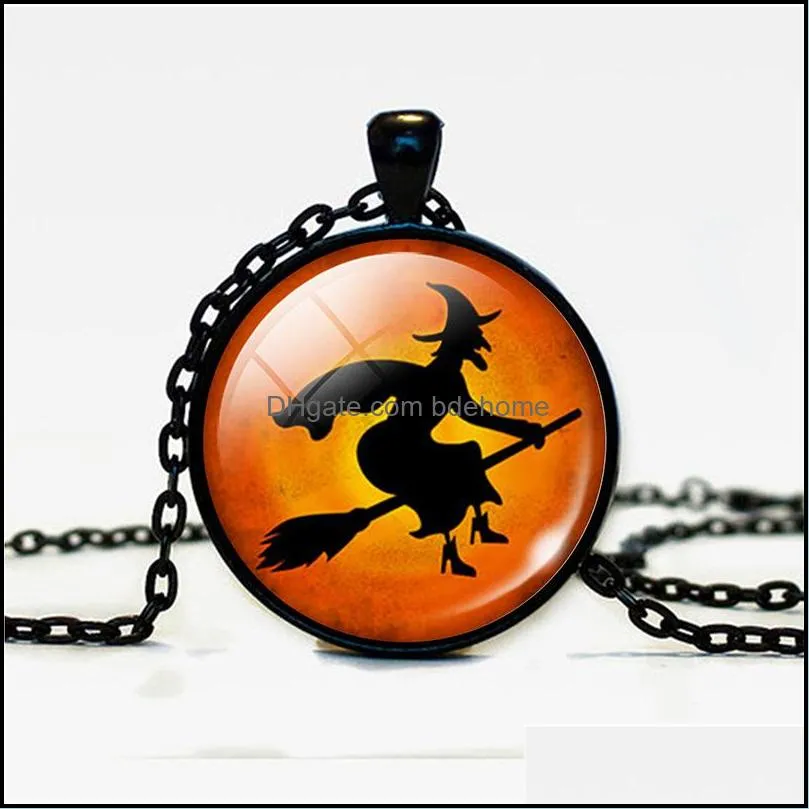 2019 halloween pumpkin necklaces for women men glass cabochon bat witch pendant chains fashion jewelry in bulk