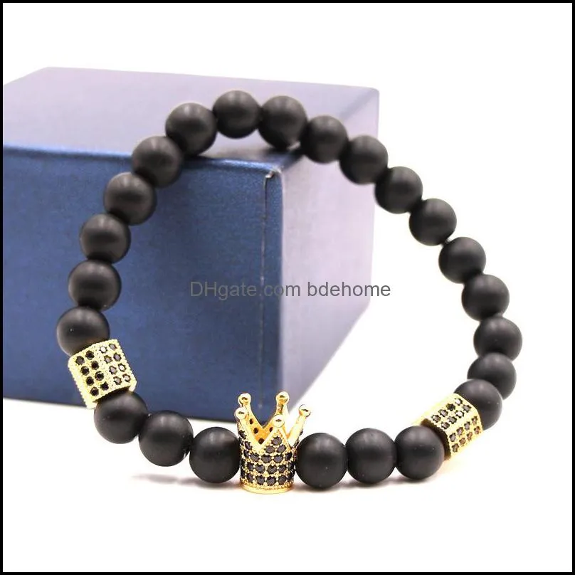 natural lava stone beaded bangles black men women charm bangle fashion crown strand bracelets for couple jewelry q77fz