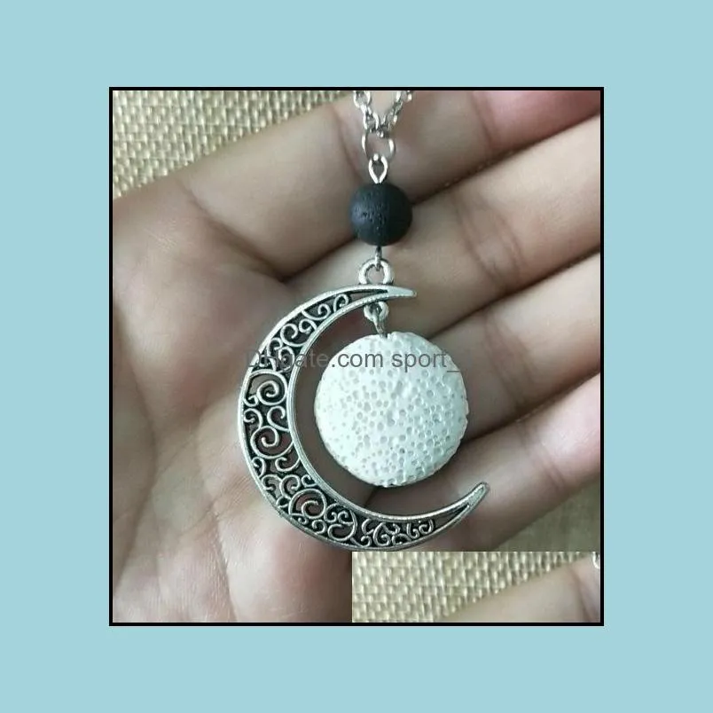 fashion silver color round lava stone moon necklace volcanic rock aromatherapy essential oil diffuser necklace for women jewelry