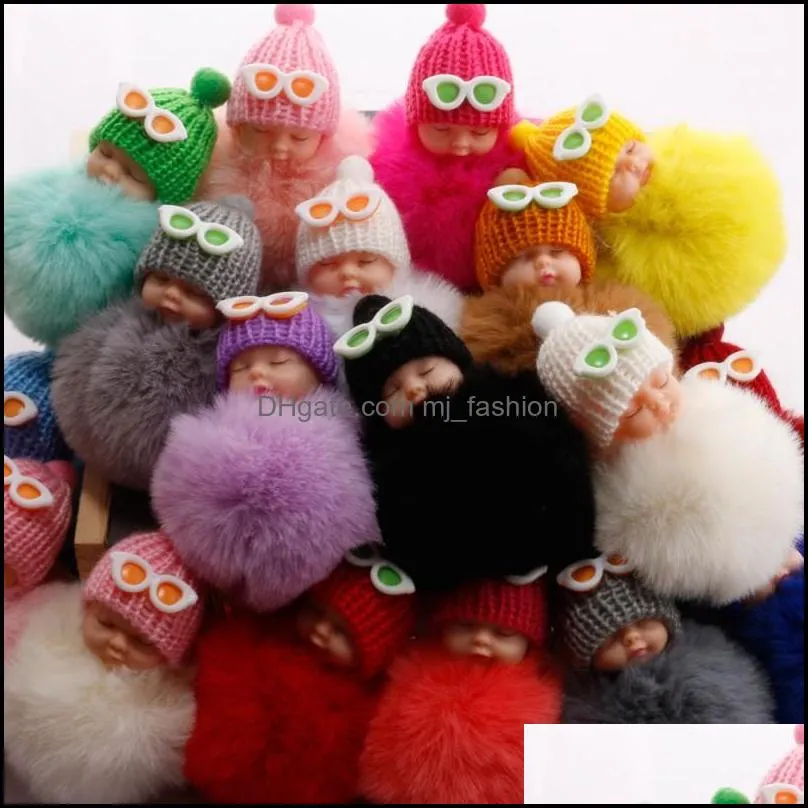 pompom key rings creative glasses sleeping baby doll keychains rabbit fur ball keychain for women girls