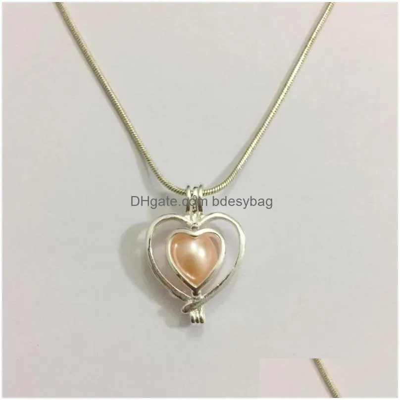 pendant necklaces solid 925 silver hollow doulbe heart love locket cage can hold 79.5mm pearl beads mounting