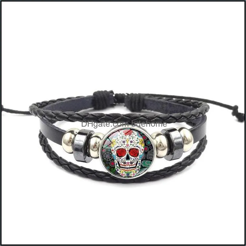  sugar skull snap button charm bracelet 18mm glass cabochon ginger snap multilayer braided rope bangle for women men s fashion