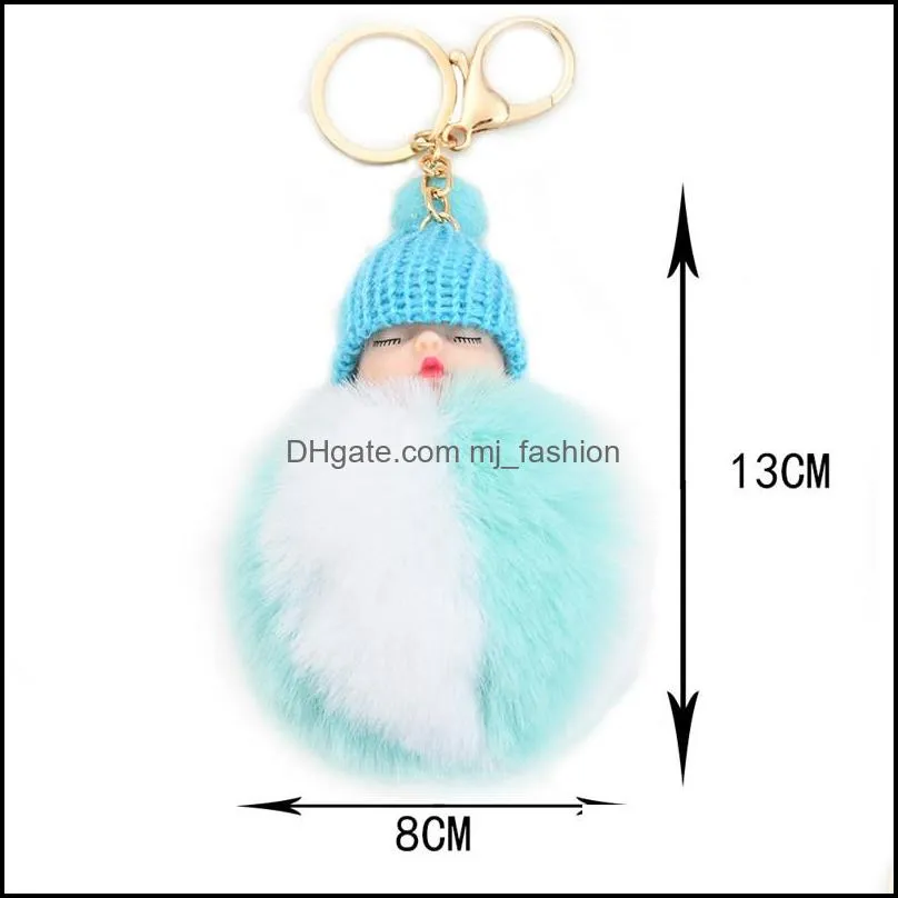 cute sleeping baby key rings holder creative fluffy pompom fur keychain women girl bag pendant keyring fashion jewelry