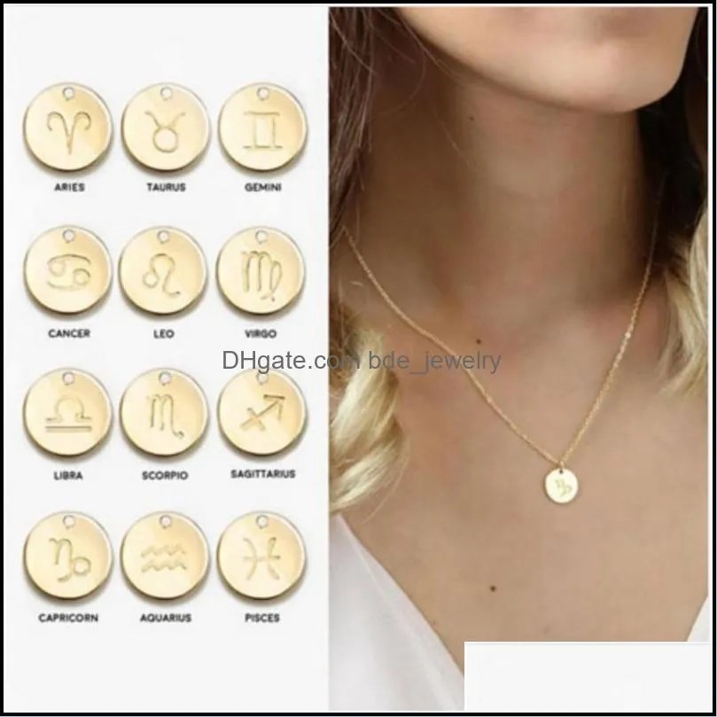 simple 12 zodiac sign pendant necklace for gold silver rose gold coin constellation charm chains fashion jewelry in bulk