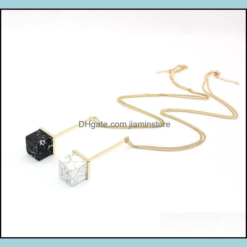 fashion natural stone square black white turquoise necklace gold metal long chain sweater statement necklace