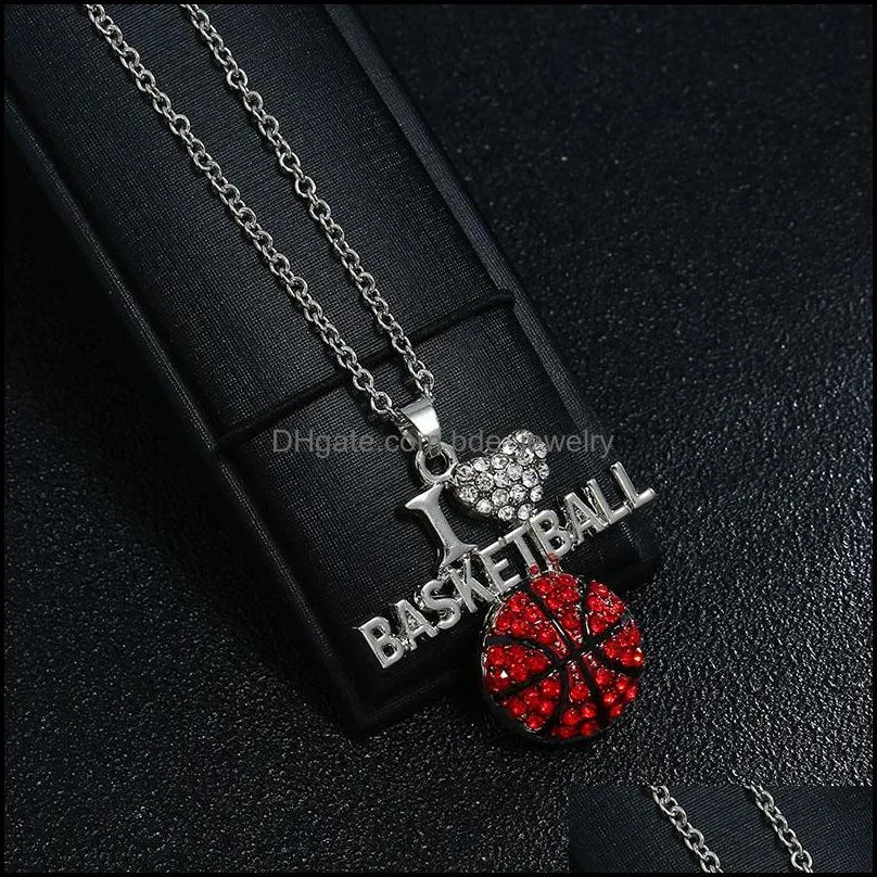  i love volleyball necklaces crystal letter heart basketball football pendant silver chains for women fashion sports jewelry gift