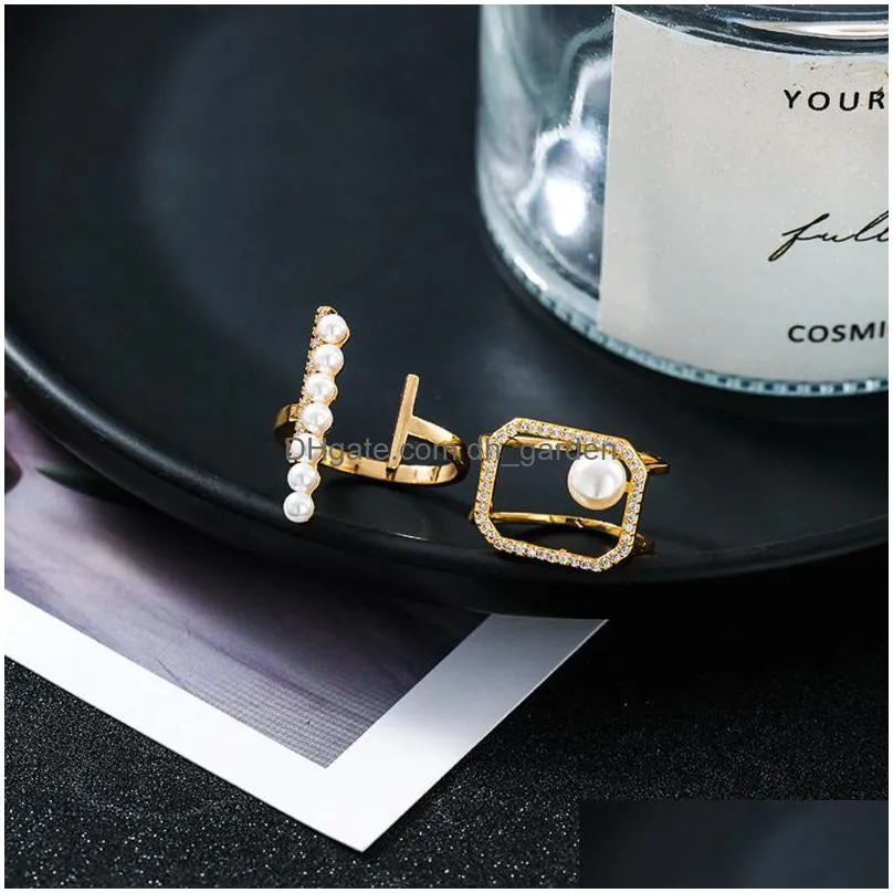 cluster rings trendy style shiny zirconia open ring women simulated pearl geometric finger elegant charm hand jewelry accessories
