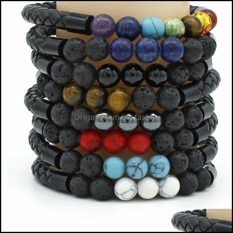 fashion volcanic rock beaded bracelets jewelry for men women natural stone tiger eye braided leather bracelet bangle rope