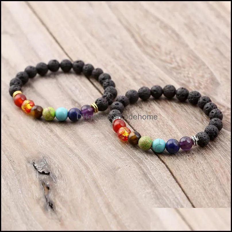 natural lava stone elastic bracelet for women men 7 chakra jewelry yoga energy aromatherapy bracelets bangle dhs b124s f