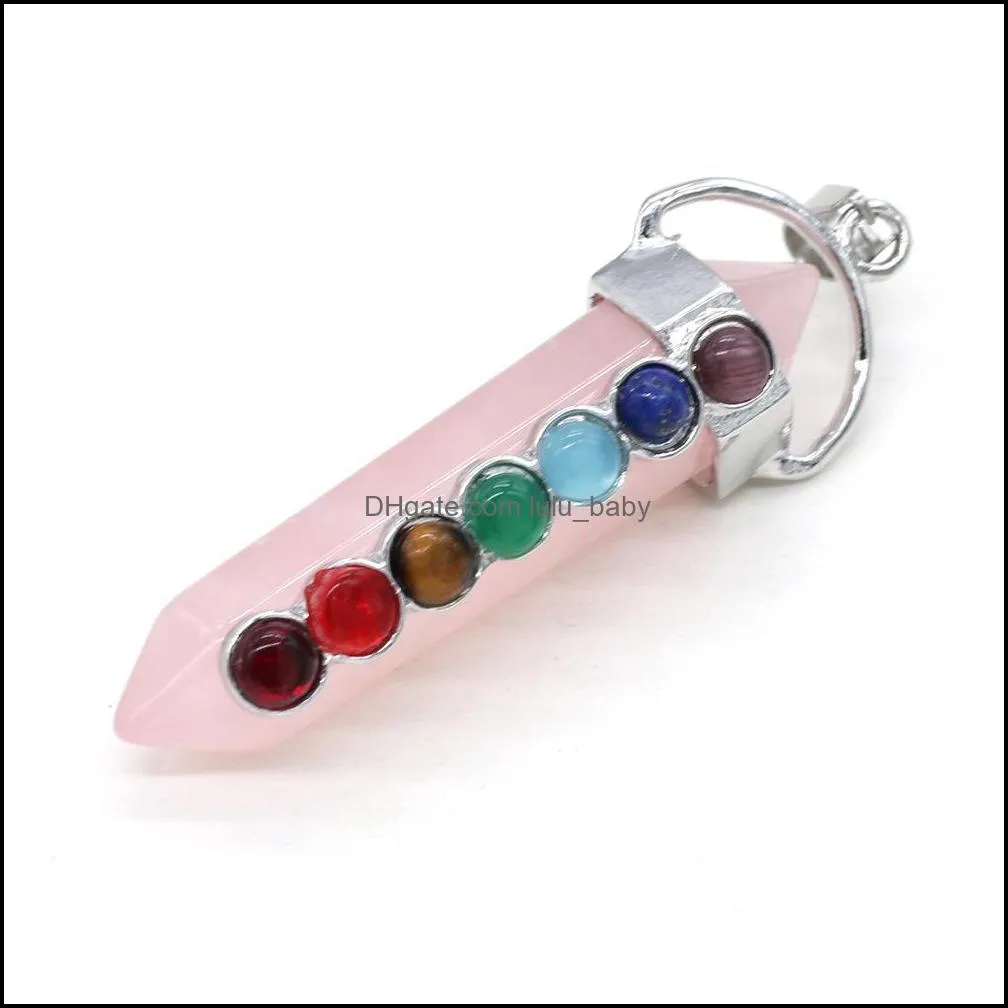 hexagonal prism chakra reiki healing pendulums charms natural stones opal lapis lazuli pink crystal pendants for men women necklace jewelry