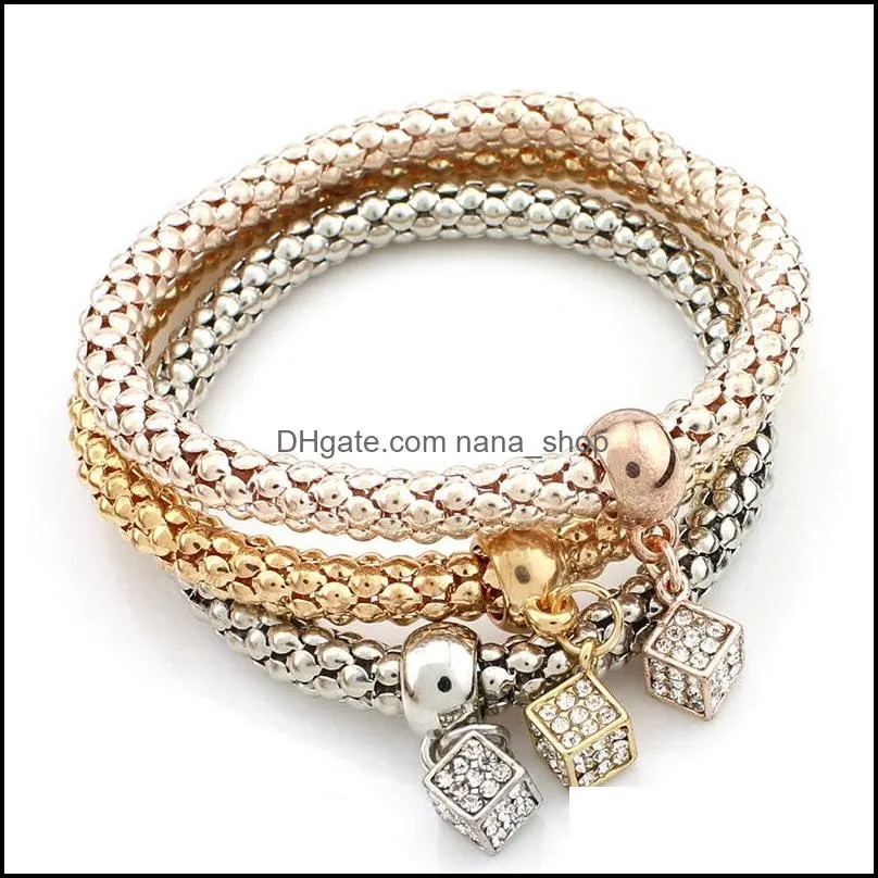  threecolor popcorn bracelet sets stretch bangles crystal rhinestone music note butterfly square spacer charms for women fashion